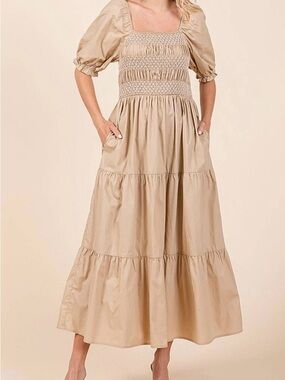 Roolee Smocked Square Neck Maxi Dress in Beige